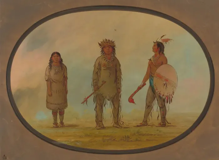 Framed Print : Athapasca Chief, His Wife, and a Warrior, 1855 / 1869. Creator: George Catlin Framed Print : Athapasca Chief, His Wife, and a Warrior, 1855 / 1869. Creator: George Catlin