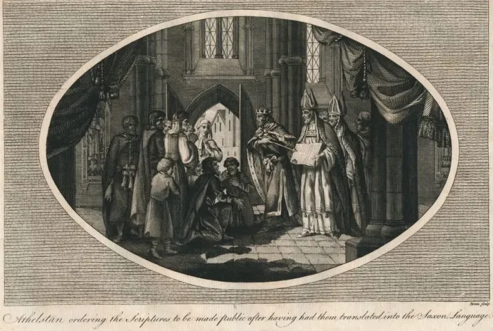 Framed Print : Athelstan ordering publication of the scriptures translated into Anglo-Saxon, 930s (1793) Framed Print : Athelstan ordering publication of the scriptures translated into Anglo-Saxon, 930s (1793)