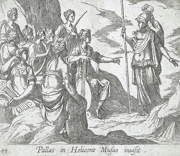 Athena with the Muses, published 1606. Creators: Antonio Tempesta, Wilhelm Janson