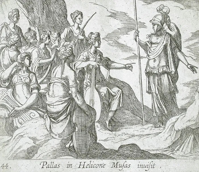 Framed Print : Athena with the Muses, published 1606. Creators: Antonio Tempesta, Wilhelm Janson Framed Print : Athena with the Muses, published 1606. Creators: Antonio Tempesta, Wilhelm Janson