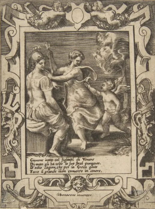Framed Print : Athena seated near Juno who has taken away Cupids arrows, set within an elaborate fram Framed Print : Athena seated near Juno who has taken away Cupids arrows, set within an elaborate fram