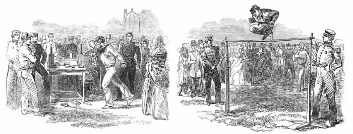 Framed Print : Athletic Games at the Royal Military Academy, Woolwich - Running High Jump, 1850. Creator: Unknown Framed Print : Athletic Games at the Royal Military Academy, Woolwich - Running High Jump, 1850. Creator: Unknown