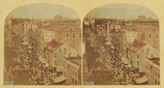 Framed Print : The Atlantic Telegraph Jubilee, New York; view of the Procession in its progress up the... 1859. Creator: William England Framed Print : The Atlantic Telegraph Jubilee, New York; view of the Procession in its progress up the... 1859. Creator: William England
