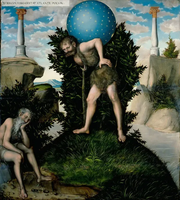 Framed Print : Atlas and Hercules (From The Labours of Hercules). Artist: Cranach, Lucas, the Elder (1472-1553) Framed Print : Atlas and Hercules (From The Labours of Hercules). Artist: Cranach, Lucas, the Elder (1472-1553)