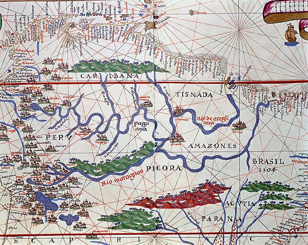 Atlas of Joan Martines, Messina, 1582. Portulan chart of the Amazon River with its
