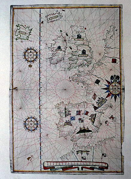 Atlas of Joan Martines, Messina, 1582. Portulan chart of Western Europe showing the