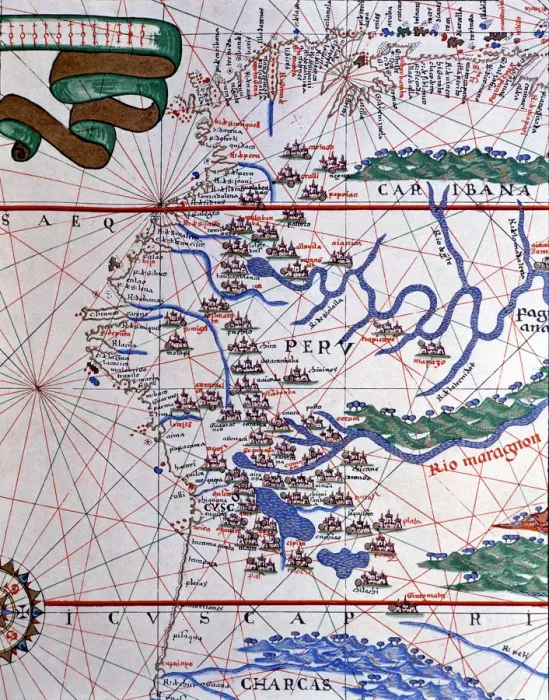 Framed Print : Atlas of Joan Martines, Messina, 1582. Portulan chart of the West Coast of America (Peru