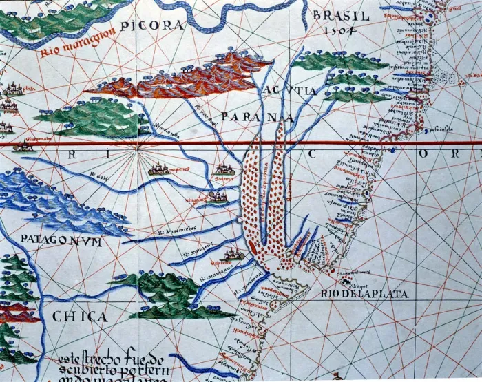Framed Print : Atlas of Joan Martines, Messina, 1582. Portulan chart of South America Framed Print : Atlas of Joan Martines, Messina, 1582. Portulan chart of South America