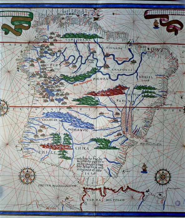 Framed Print : Atlas of Joan Martines, Messina, 1582. Portulan chart of South America, from Panama Framed Print : Atlas of Joan Martines, Messina, 1582. Portulan chart of South America, from Panama