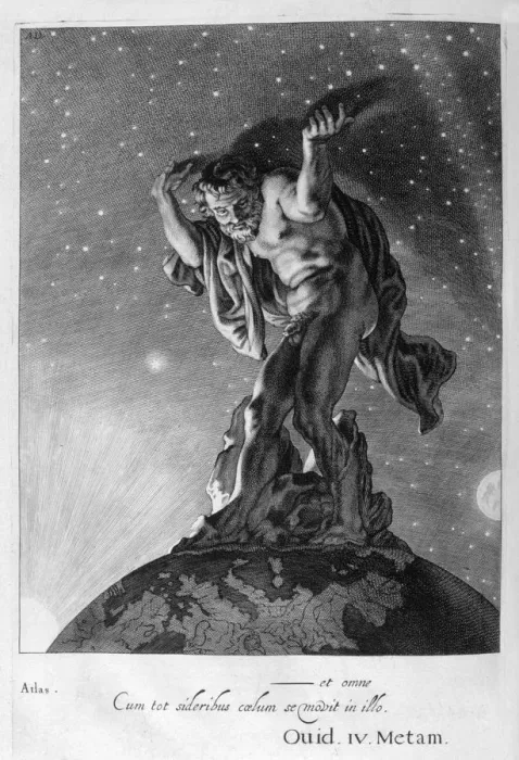 Framed Print : Atlas Supports the Heavens on his Shoulders, 1655. Artist: Michel de Marolles Framed Print : Atlas Supports the Heavens on his Shoulders, 1655. Artist: Michel de Marolles