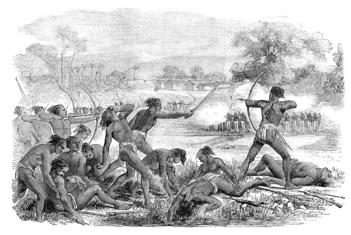 Framed Print : Attack by 600 Santhals upon a party of 50 Sepoys, 40th Regiment Native Infantry, 1856. Creator: Unknown Framed Print : Attack by 600 Santhals upon a party of 50 Sepoys, 40th Regiment Native Infantry, 1856. Creator: Unknown