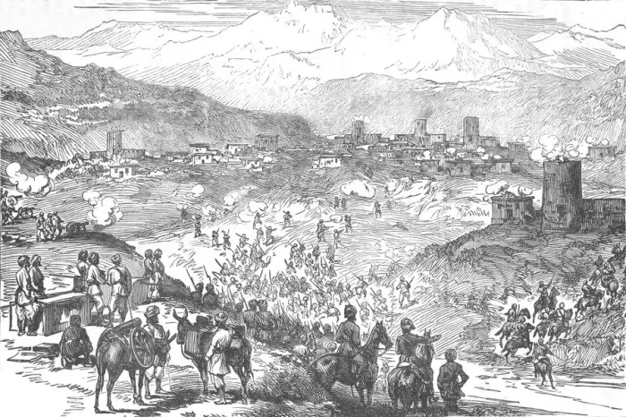 Framed Print : Attack on an Afreedi Town, c1880 Framed Print : Attack on an Afreedi Town, c1880