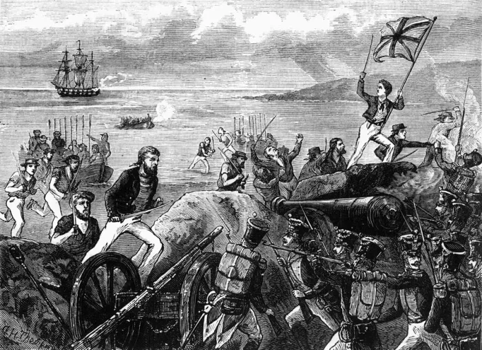 Framed Print : Attack of the Blue-Jackets on Port Jacotel, c1891. Creator: James Grant Framed Print : Attack of the Blue-Jackets on Port Jacotel, c1891. Creator: James Grant