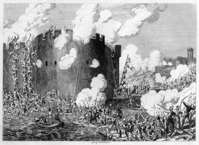 Framed Print : Attack upon the Brass Mount by Lord Guilford Dudley, 1554 (1840). Artist: George Cruikshank Framed Print : Attack upon the Brass Mount by Lord Guilford Dudley, 1554 (1840). Artist: George Cruikshank