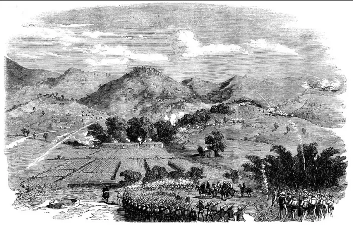 Framed Print : Attack on the Braves near the White Cloud Mountain, Canton - sketched by our special... 1858. Creator: Unknown. Attack on the Braves near the White Cloud Mountain, Canton - sketched by our special... 1858. Creator: Unknown Framed Print : Attack on the Braves near the White Cloud Mountain, Canton - sketched by our special... 1858. Creator: Unknown. Attack on the Braves near the White Cloud Mountain, Canton - sketched by our special... 1858. Creator: Unknown