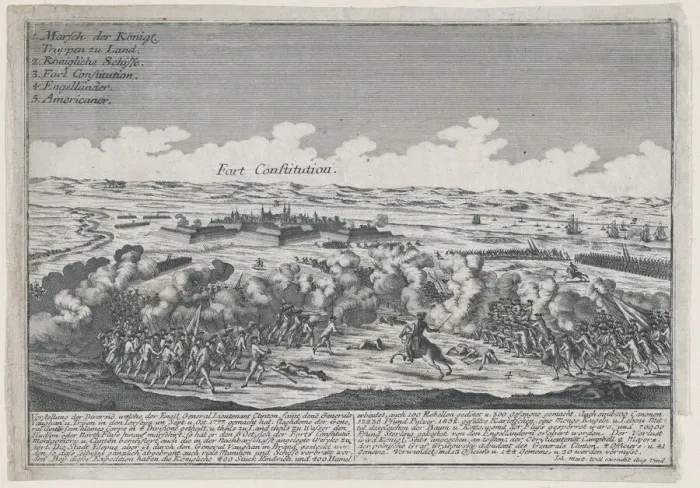 Framed Print : Attack on Fort Constitution, October 7, 1777. Creator: Johann Martin Will Framed Print : Attack on Fort Constitution, October 7, 1777. Creator: Johann Martin Will