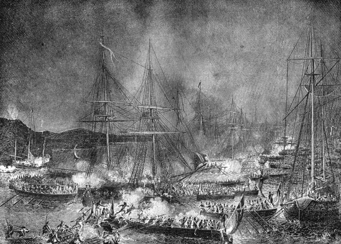 Framed Print : Attack on the French invasion flotilla at Boulogne, France, 15-16 August 1801 (1882-1884) Framed Print : Attack on the French invasion flotilla at Boulogne, France, 15-16 August 1801 (1882-1884)