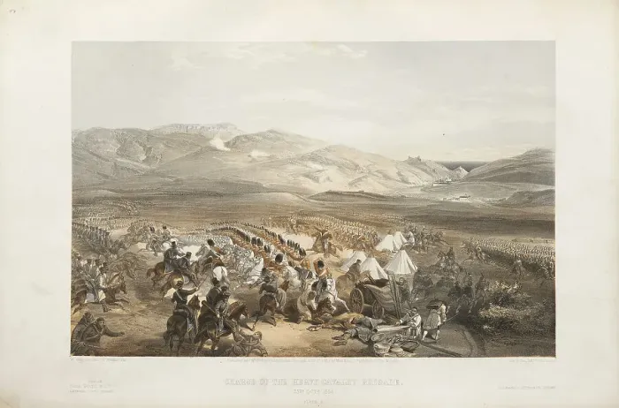 Framed Print : The attack of the heavy cavalry brigade in the Battle of Balaklava on October 25, 1854, 1854-1855. Creator: Simpson, William (1832-1898) Framed Print : The attack of the heavy cavalry brigade in the Battle of Balaklava on October 25, 1854, 1854-1855. Creator: Simpson, William (1832-1898)