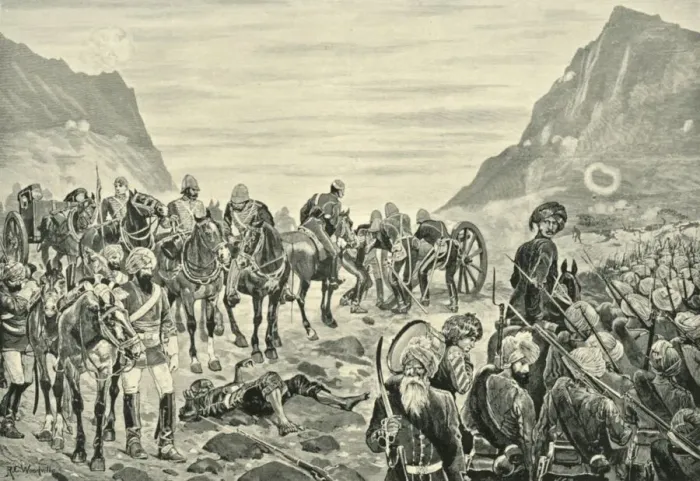 Framed Print : Attack in the Kuram Valley, (1901). Creator: Richard Caton Woodville II Framed Print : Attack in the Kuram Valley, (1901). Creator: Richard Caton Woodville II