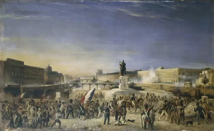 Framed Print : Attack on the Louvre, July 29, 1830, seen from the Pont-Neuf, 1830. Creator: Unknown Framed Print : Attack on the Louvre, July 29, 1830, seen from the Pont-Neuf, 1830. Creator: Unknown