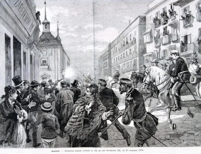 Framed Print : Attack in Madrid against King Alphonse XII. 25 Oct. 1878, engraving in the Illustration Framed Print : Attack in Madrid against King Alphonse XII. 25 Oct. 1878, engraving in the Illustration