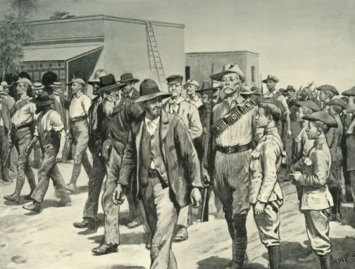 Framed Print : The Last Attack on Mafeking: B. S. A. Police Escorting Boer Prisoners to the Gaol, 1901 Framed Print : The Last Attack on Mafeking: B. S. A. Police Escorting Boer Prisoners to the Gaol, 1901
