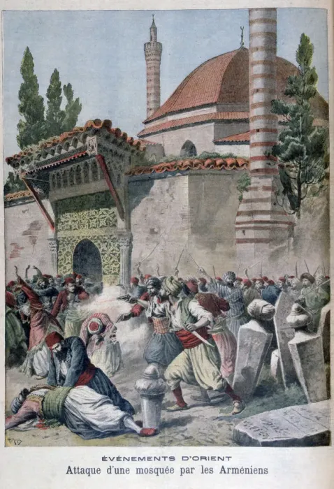 Framed Print : An attack on a mosque by Armenians, 1895. Artist: Henri Meyer Framed Print : An attack on a mosque by Armenians, 1895. Artist: Henri Meyer