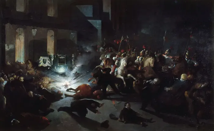 Framed Print : Attack by Orsini in front of the facade of the Opera on January 14, 1858, 1862. Creator: H Vittori Framed Print : Attack by Orsini in front of the facade of the Opera on January 14, 1858, 1862. Creator: H Vittori