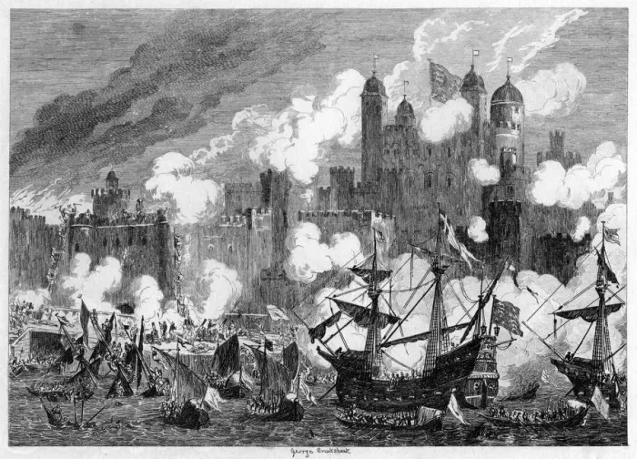 Framed Print : Attack upon Saint Thomass Tower by the Duke of Suffolk, 1554 (1840). Artist: George Cruikshank Framed Print : Attack upon Saint Thomass Tower by the Duke of Suffolk, 1554 (1840). Artist: George Cruikshank