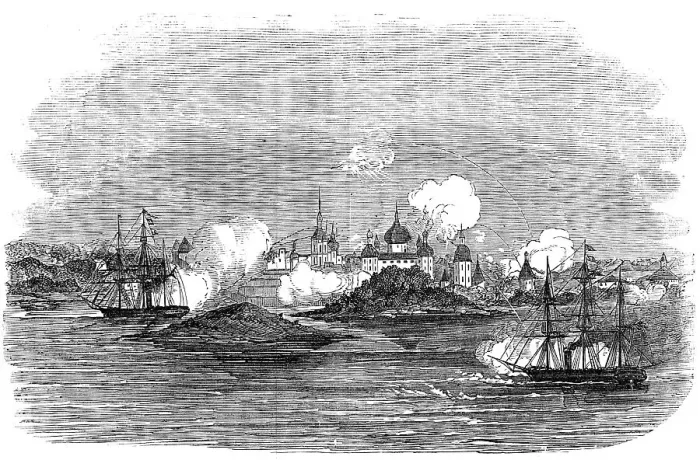 Framed Print : Attack on the town of Novitska, in the White Sea, by the Miranda and Brisk, 1854. Creator: Unknown. Attack on the town of Novitska, in the White Sea, by the Miranda and Brisk, 1854. Creator: Unknown Framed Print : Attack on the town of Novitska, in the White Sea, by the Miranda and Brisk, 1854. Creator: Unknown. Attack on the town of Novitska, in the White Sea, by the Miranda and Brisk, 1854. Creator: Unknown