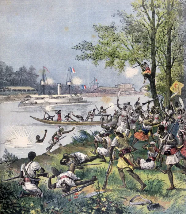 Framed Print : Attack on the Villagers of Dahomey by the French, 1892. Artist: Henri Meyer Framed Print : Attack on the Villagers of Dahomey by the French, 1892. Artist: Henri Meyer