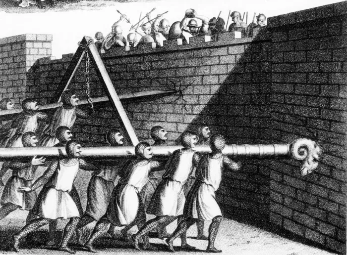 Framed Print : Attacking walls with battering rams, c1800 Framed Print : Attacking walls with battering rams, c1800