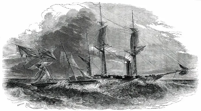 Framed Print : Attempt of a Brazilian Slaver to run down H. M. S. V. Phoenix, on the Coast of Africa, 1850. Creator: Smyth Framed Print : Attempt of a Brazilian Slaver to run down H. M. S. V. Phoenix, on the Coast of Africa, 1850. Creator: Smyth