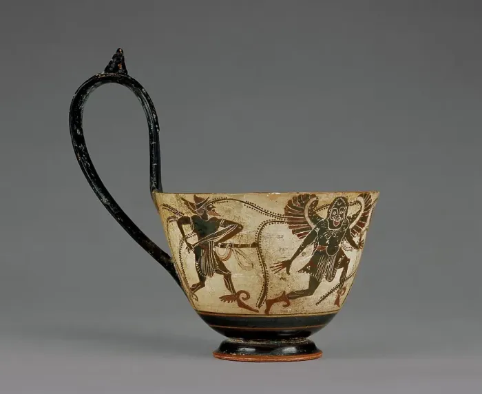 Framed Print : Attic Black-Figure Kyathos (Ladle) with Perseus chasing Gorgons, 510-500 BC. Creator: Theseus Painter Framed Print : Attic Black-Figure Kyathos (Ladle) with Perseus chasing Gorgons, 510-500 BC. Creator: Theseus Painter