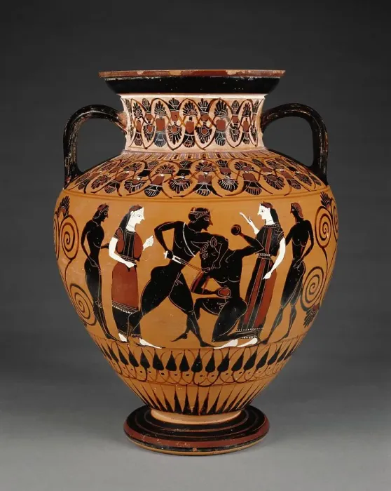 Framed Print : Attic Black-Figure Neck Amphora, about 550 BC. Creator: Workshop of Exekias Framed Print : Attic Black-Figure Neck Amphora, about 550 BC. Creator: Workshop of Exekias
