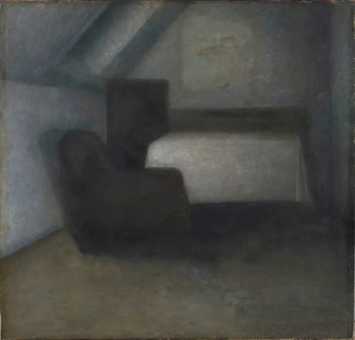 Framed Print : Attic room with table and chair. Creator: Hammershoi, Vilhelm (1864-1916) Framed Print : Attic room with table and chair. Creator: Hammershoi, Vilhelm (1864-1916)