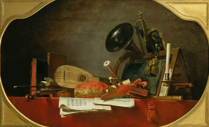 Framed Print : Attributes of Music, 1765. Creator: Chardin, Jean-Baptiste Siméon (1699-1779) Framed Print : Attributes of Music, 1765. Creator: Chardin, Jean-Baptiste Siméon (1699-1779)