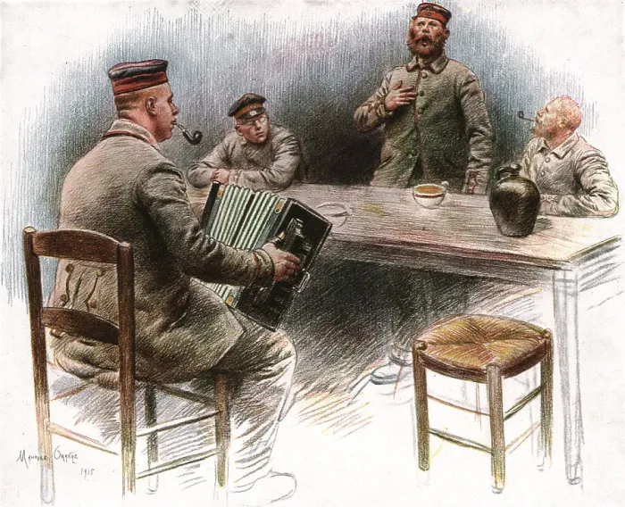 Framed Print : Au Camp des Prisonniers Allemands de Dinant; A la cantine ballade sentimentale, 1915. Creator: Maurice Orange Framed Print : Au Camp des Prisonniers Allemands de Dinant; A la cantine ballade sentimentale, 1915. Creator: Maurice Orange
