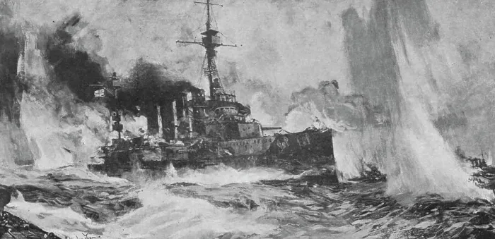 Framed Print : Au fort de la bataille Jutland ; le croiseur cuirasse Warrior riposant au feu de six... 1916. Creator: Charles Dixon. Au fort de la bataille Jutland ; le croiseur cuirasse Warrior riposant au feu de six... 1916 Framed Print : Au fort de la bataille Jutland ; le croiseur cuirasse Warrior riposant au feu de six... 1916. Creator: Charles Dixon. Au fort de la bataille Jutland ; le croiseur cuirasse Warrior riposant au feu de six... 1916
