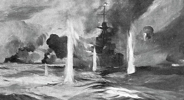 Au fort de la bataille Jutland ; Le 'Warspite' en action, 1916. Creator: Montague Dawson. Au fort de la bataille Jutland ; Le 'Warspite' en action, 1916. Creator: Montague Dawson