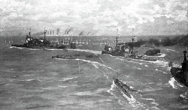 Au fort de la bataille Jutland ; Trois croiseurs de bataille britanniques, suivis de... 1916. Creator: Charles Pears