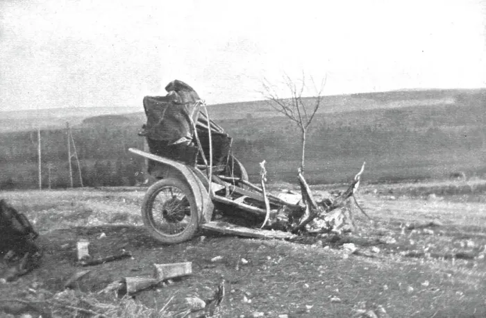 Framed Print : Au Volant; Automobile de liaison fracassee lar un projectile, le mars 1916, a l'Ouest de... 1916. Creator: Unknown Framed Print : Au Volant; Automobile de liaison fracassee lar un projectile, le mars 1916, a l'Ouest de... 1916. Creator: Unknown