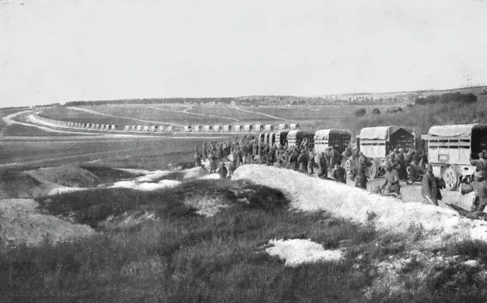 Framed Print : Au Volant; Sur une route strategique, a proximite de la ligne de feu: releve de troupes par...1918 Creator: Unknown Framed Print : Au Volant; Sur une route strategique, a proximite de la ligne de feu: releve de troupes par...1918 Creator: Unknown