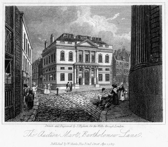 Framed Print : The Auction Mart, Bartholomew Lane, City of London, 1817. Artist: Thomas Higham Framed Print : The Auction Mart, Bartholomew Lane, City of London, 1817. Artist: Thomas Higham