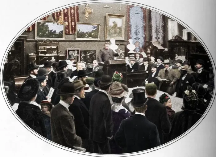 Framed Print : Auction in progress at Phillips auctioneers, London, c1901 (1901) Framed Print : Auction in progress at Phillips auctioneers, London, c1901 (1901)