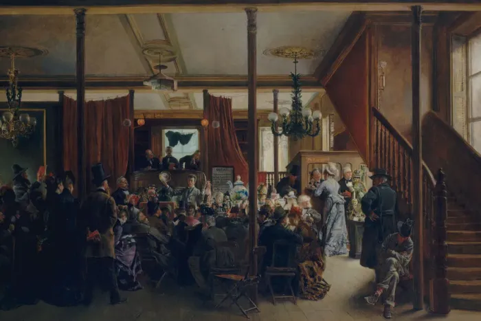 Framed Print : Auction Sale in Clinton Hall, New York, 1876, 1876. Creator: Ignacio de Leon Escosura Framed Print : Auction Sale in Clinton Hall, New York, 1876, 1876. Creator: Ignacio de Leon Escosura