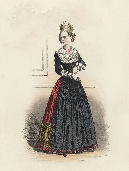 Augsburg young woman, in the modern age, color engraving 1870