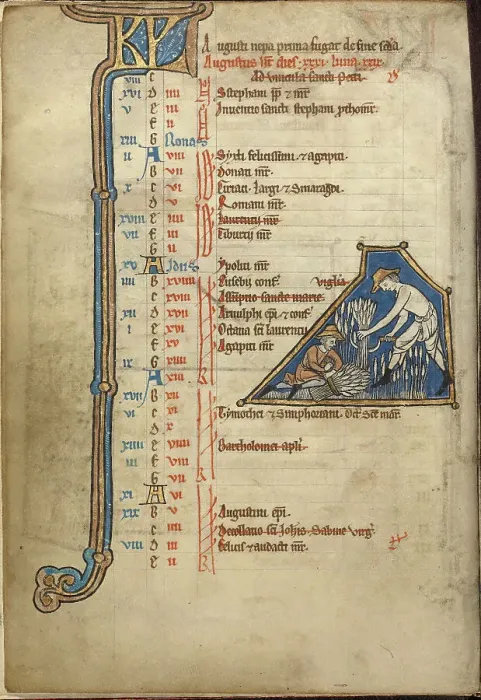 Framed Print : August Calendar Page; Reaping; Psalter, mid-1200s. Creator: Unknown Framed Print : August Calendar Page; Reaping; Psalter, mid-1200s. Creator: Unknown
