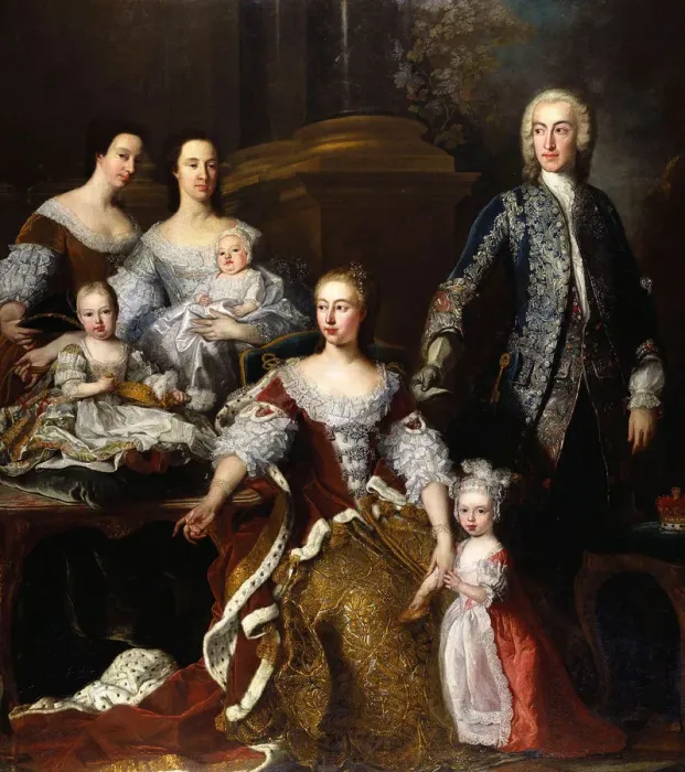 Framed Print : Augusta of Saxe-Gotha, Princess of Wales, with members of her family and household, 1739. Artist: Van Loo, Jean Baptiste (1684-1745) Framed Print : Augusta of Saxe-Gotha, Princess of Wales, with members of her family and household, 1739. Artist: Van Loo, Jean Baptiste (1684-1745)