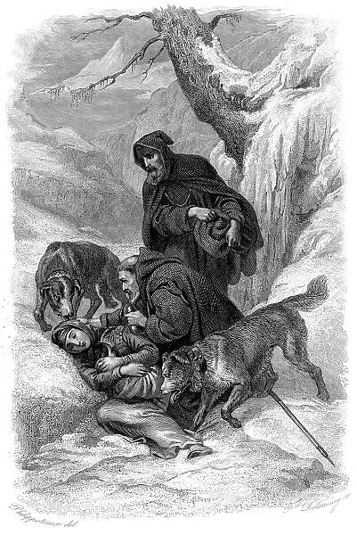 Augustinian canons and their St Bernard dogs rescuing a traveller, Switzerland